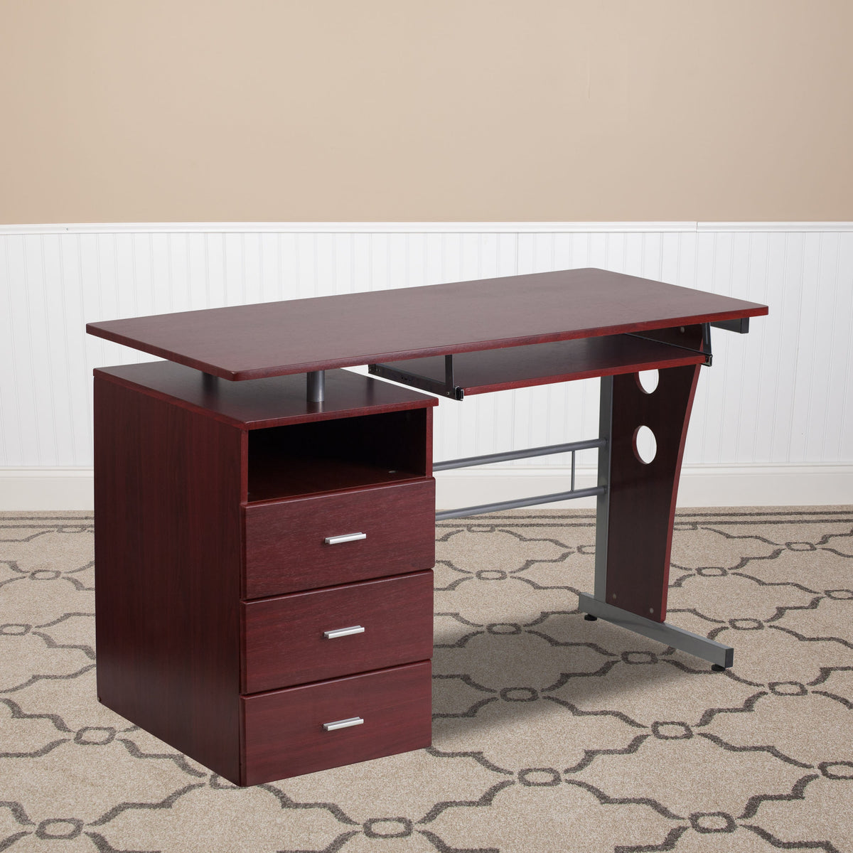 Mahogany |#| Mahogany Desk with Three Drawer Pedestal and Pull-Out Keyboard Tray