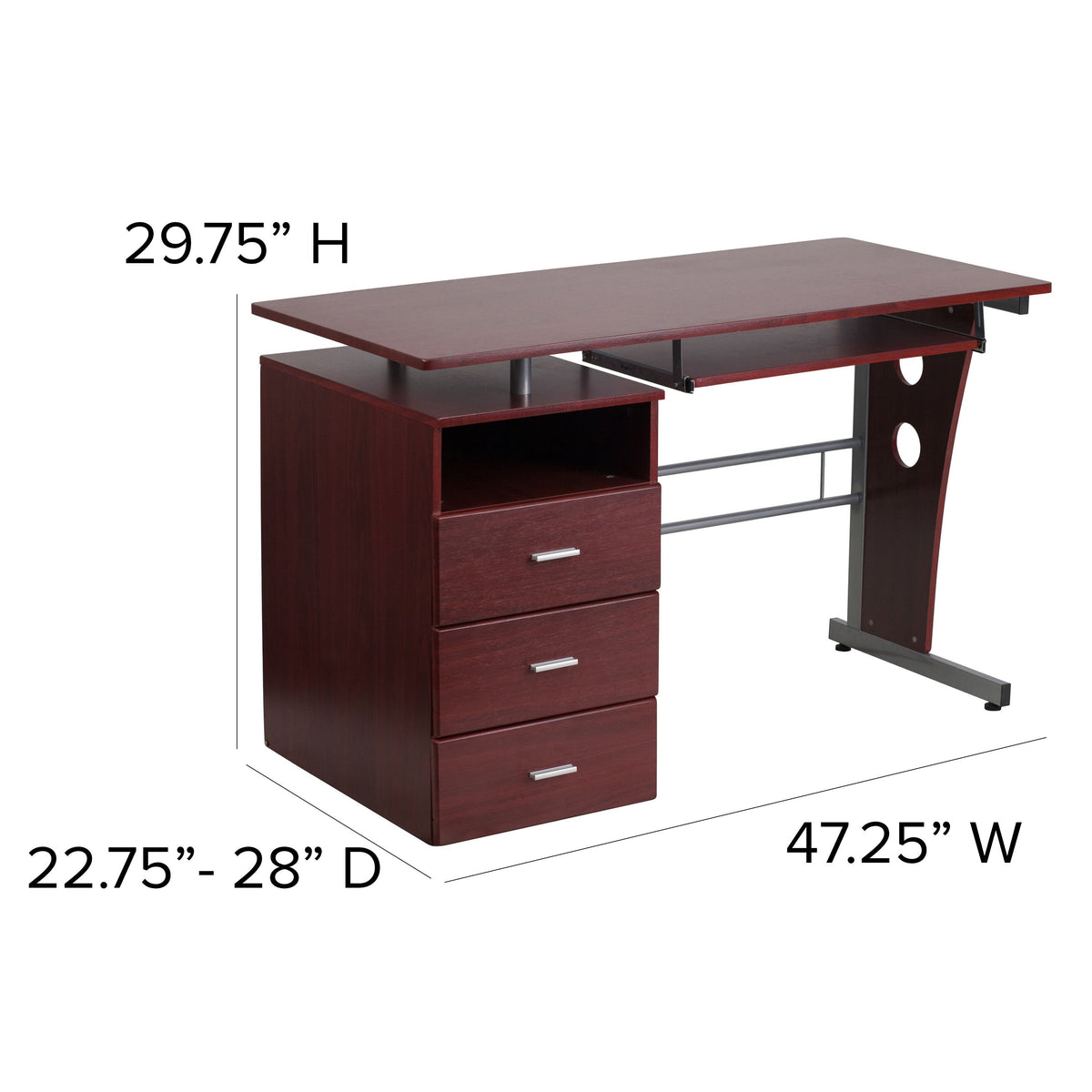 Mahogany |#| Mahogany Desk with Three Drawer Pedestal and Pull-Out Keyboard Tray