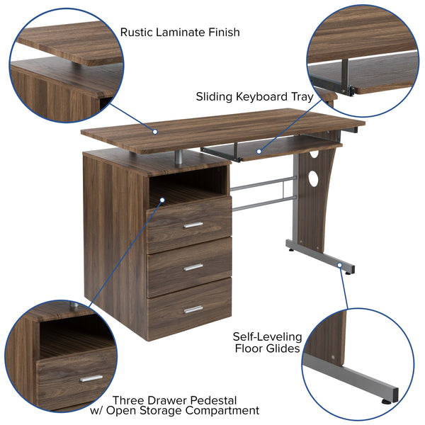 Rustic Walnut |#| Rustic Walnut Desk with Three Drawer Single Pedestal and Pull-Out Keyboard Tray