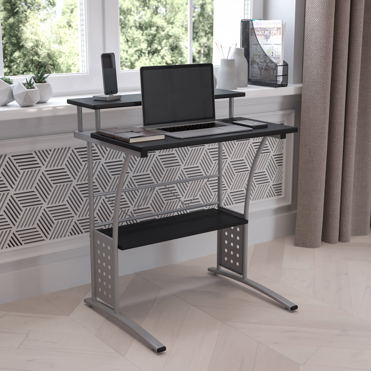 Black |#| Black Computer Desk with Perforated Side Paneling and Raised Monitor Shelf
