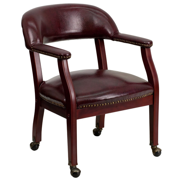 Oxblood Vinyl |#| Oxblood Vinyl Luxurious Conference Chair with Accent Nail Trim and Casters