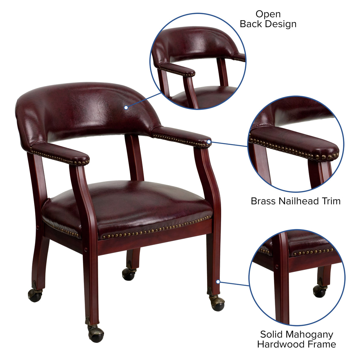 Oxblood Vinyl |#| Oxblood Vinyl Luxurious Conference Chair with Accent Nail Trim and Casters