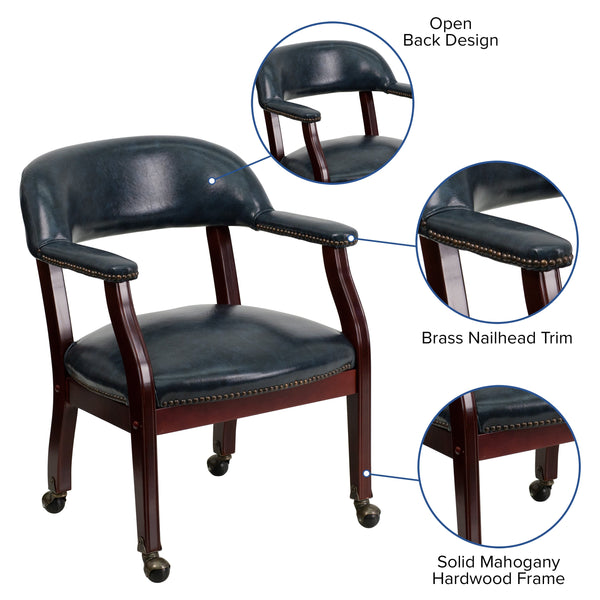 Navy Vinyl |#| Navy Vinyl Luxurious Conference Chair with Accent Nail Trim and Casters