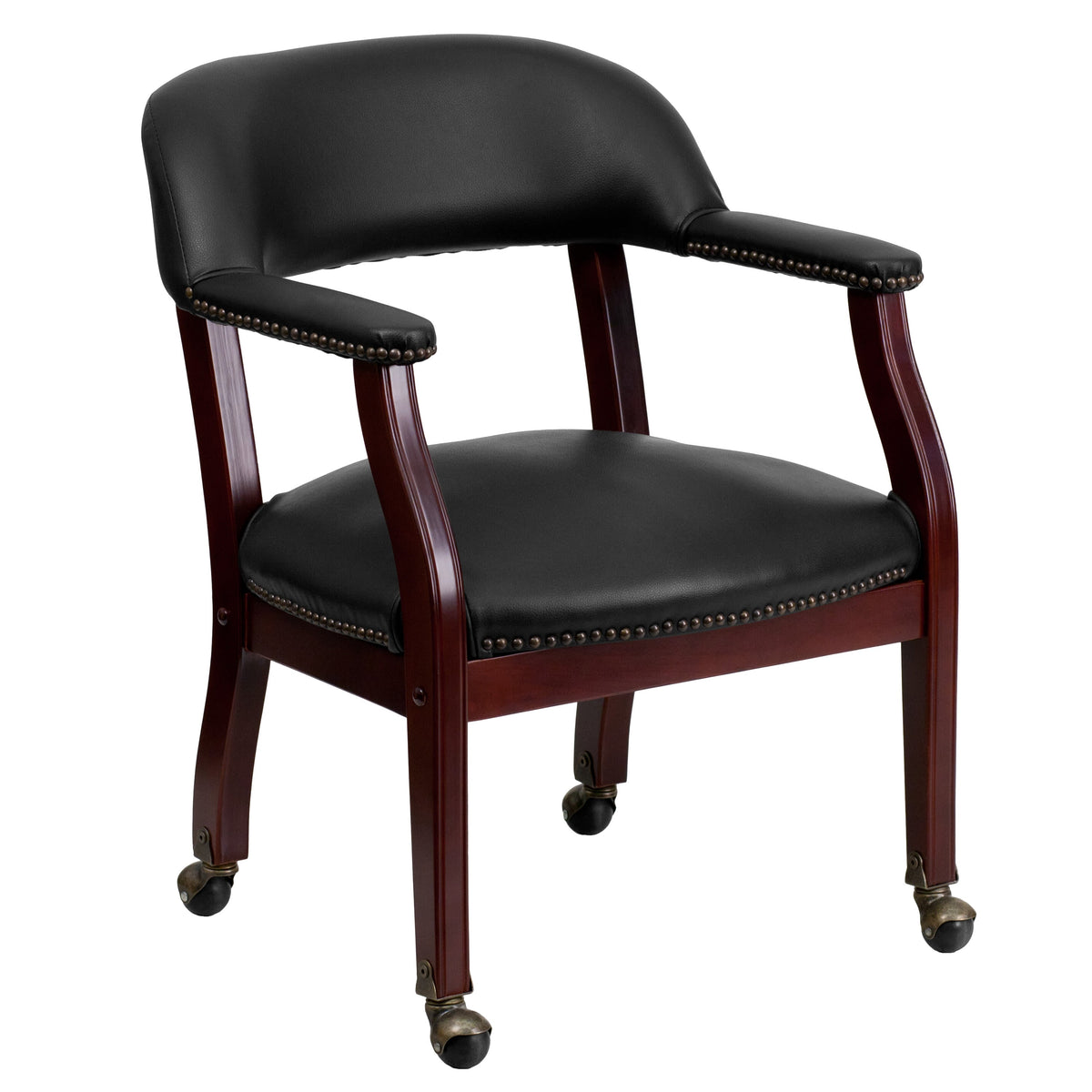 Black Vinyl |#| Black Vinyl Luxurious Conference Chair with Accent Nail Trim and Casters