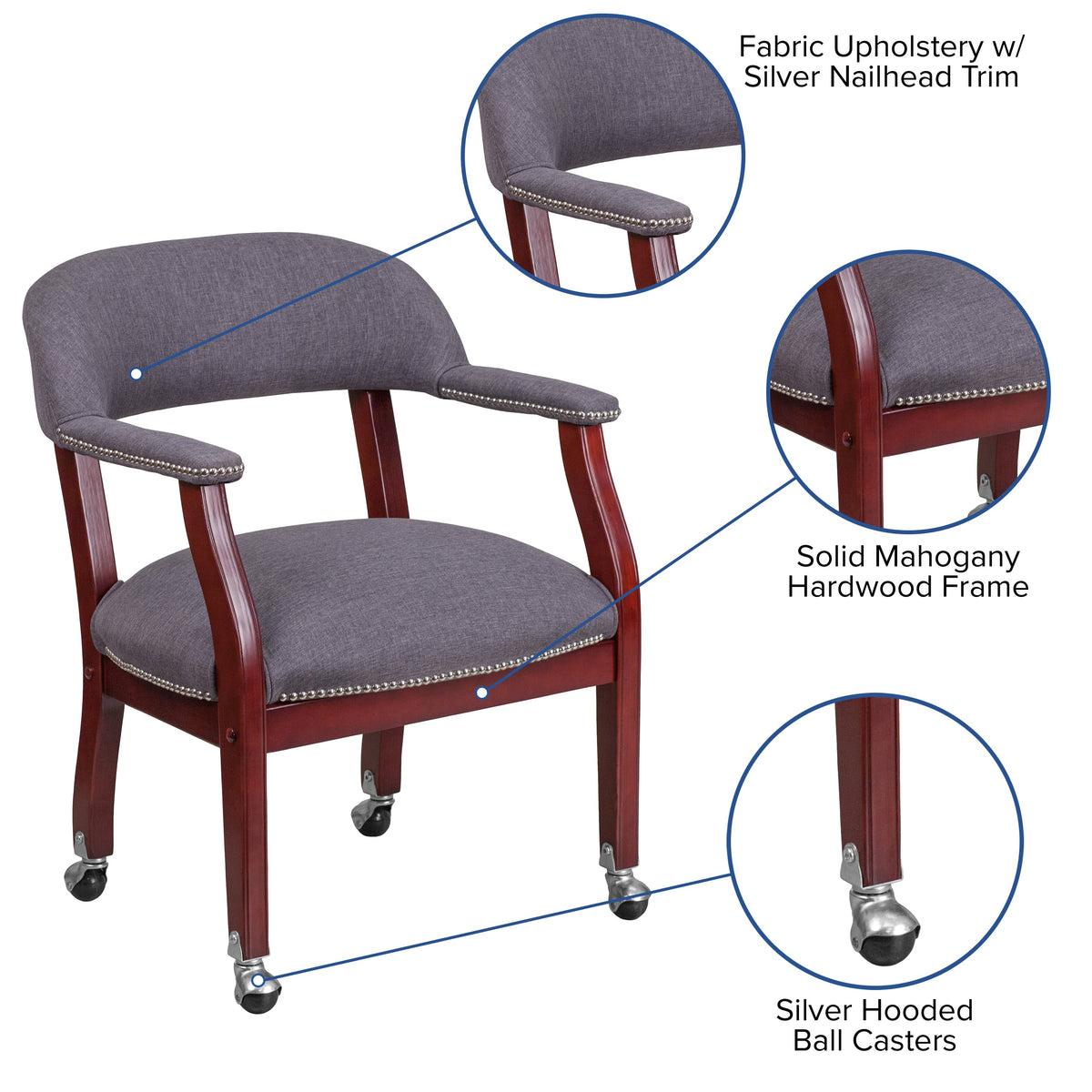 Gray Fabric |#| Gray Fabric Luxurious Conference Chair with Accent Nail Trim and Casters