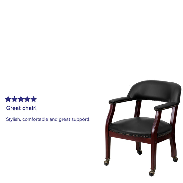 Black Vinyl |#| Black Vinyl Luxurious Conference Chair with Accent Nail Trim and Casters