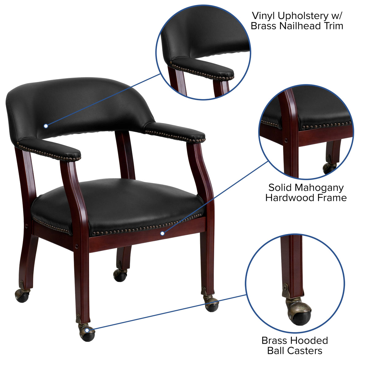 Black Vinyl |#| Black Vinyl Luxurious Conference Chair with Accent Nail Trim and Casters