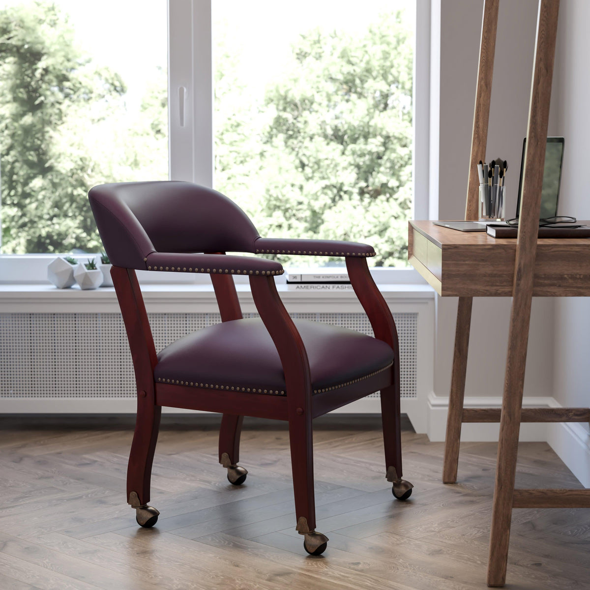 Burgundy LeatherSoft |#| Burgundy LeatherSoft Conference Chair w/Accent Nail Trim &Casters - Side Chair