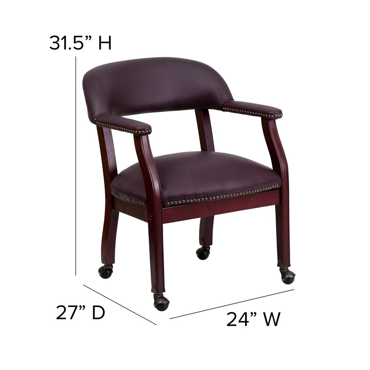 Burgundy LeatherSoft |#| Burgundy LeatherSoft Conference Chair w/Accent Nail Trim &Casters - Side Chair