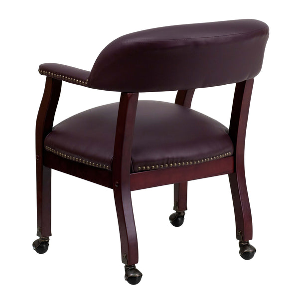 Burgundy LeatherSoft |#| Burgundy LeatherSoft Conference Chair w/Accent Nail Trim &Casters - Side Chair