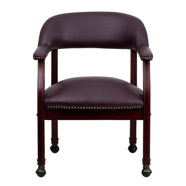 Burgundy LeatherSoft |#| Burgundy LeatherSoft Conference Chair w/Accent Nail Trim &Casters - Side Chair