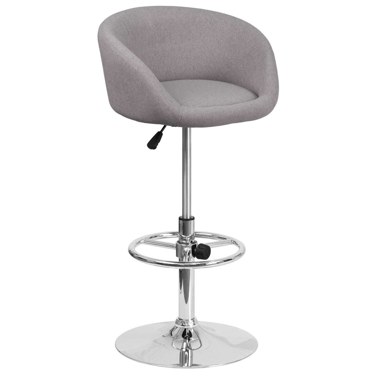 Gray Fabric |#| Gray Fabric Adjustable Height Barstool with Barrel Back and Chrome Base