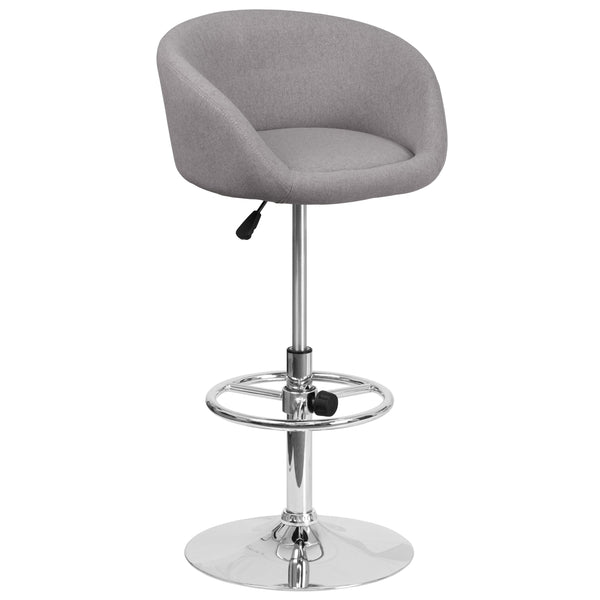 Gray Fabric |#| Gray Fabric Adjustable Height Barstool with Barrel Back and Chrome Base