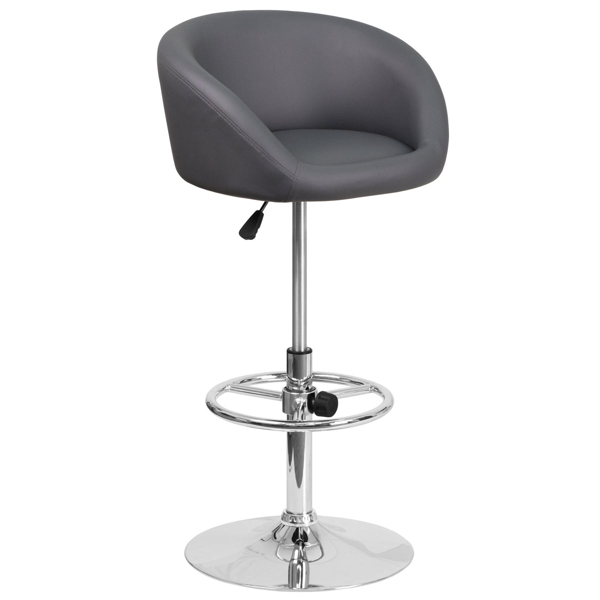 Gray Vinyl |#| Gray Vinyl Adjustable Height Barstool with Barrel Back and Chrome Base