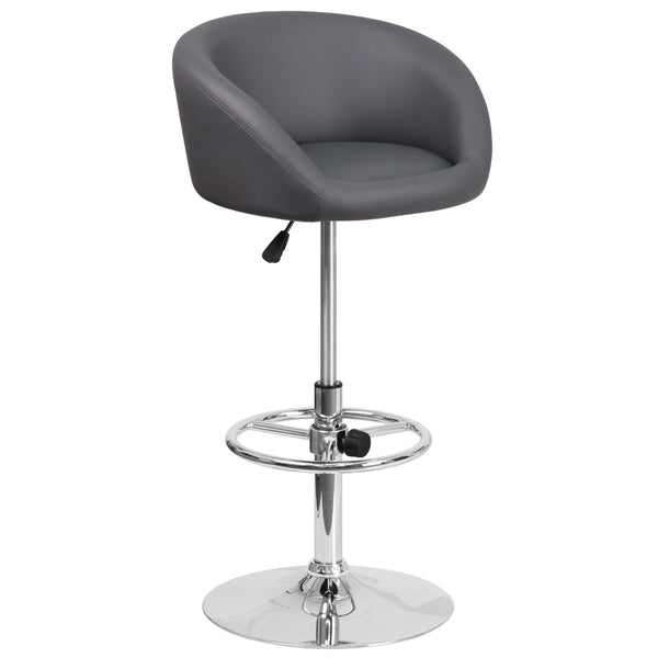 Gray Vinyl |#| Gray Vinyl Adjustable Height Barstool with Barrel Back and Chrome Base