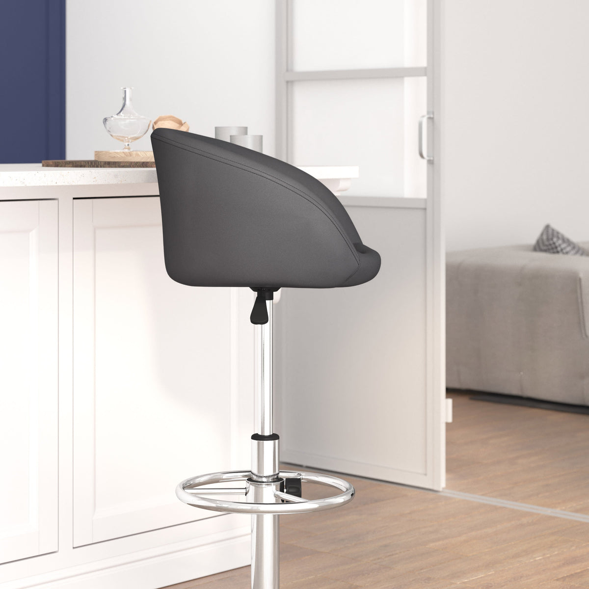 Gray Vinyl |#| Gray Vinyl Adjustable Height Barstool with Barrel Back and Chrome Base