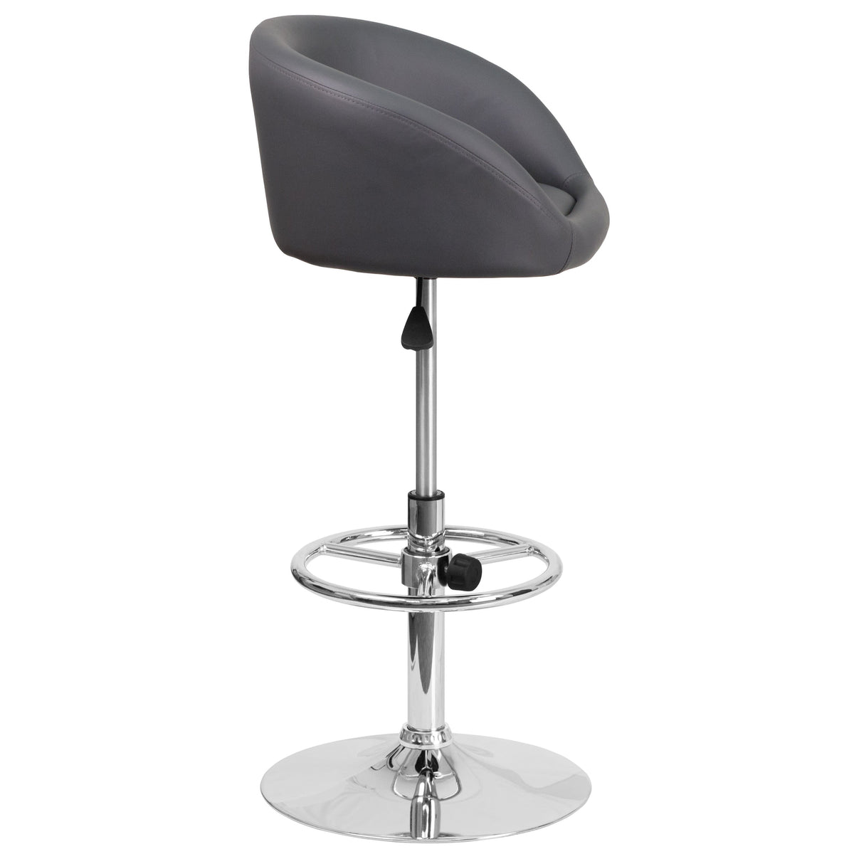 Gray Vinyl |#| Gray Vinyl Adjustable Height Barstool with Barrel Back and Chrome Base