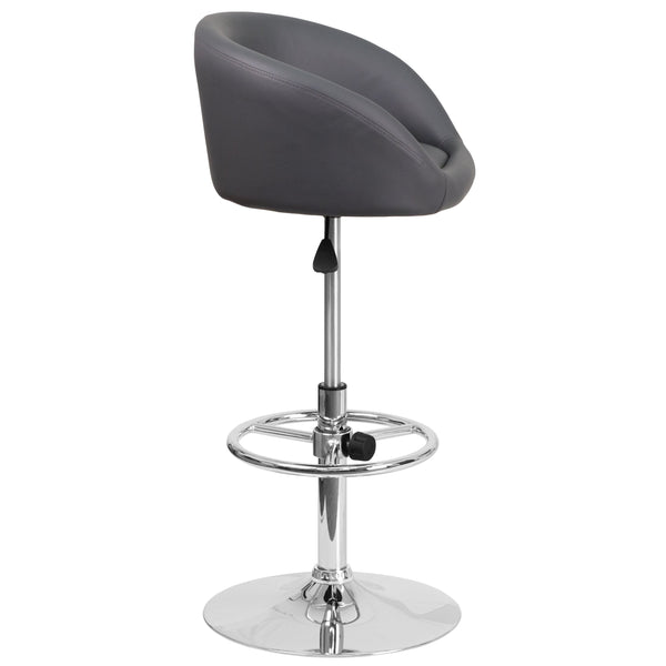 Gray Vinyl |#| Gray Vinyl Adjustable Height Barstool with Barrel Back and Chrome Base