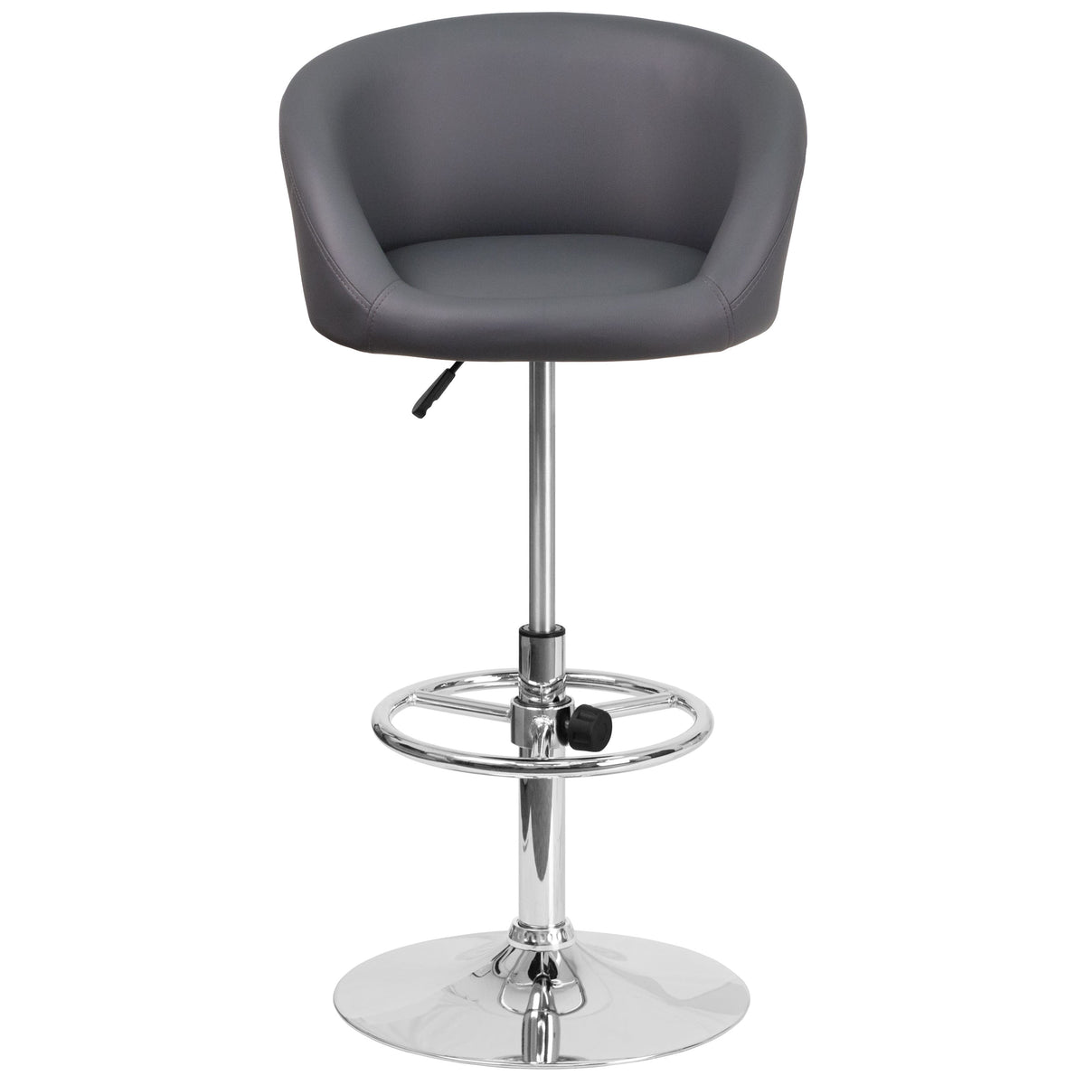 Gray Vinyl |#| Gray Vinyl Adjustable Height Barstool with Barrel Back and Chrome Base