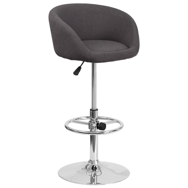 Charcoal Fabric |#| Charcoal Fabric Adjustable Height Barstool with Barrel Back and Chrome Base