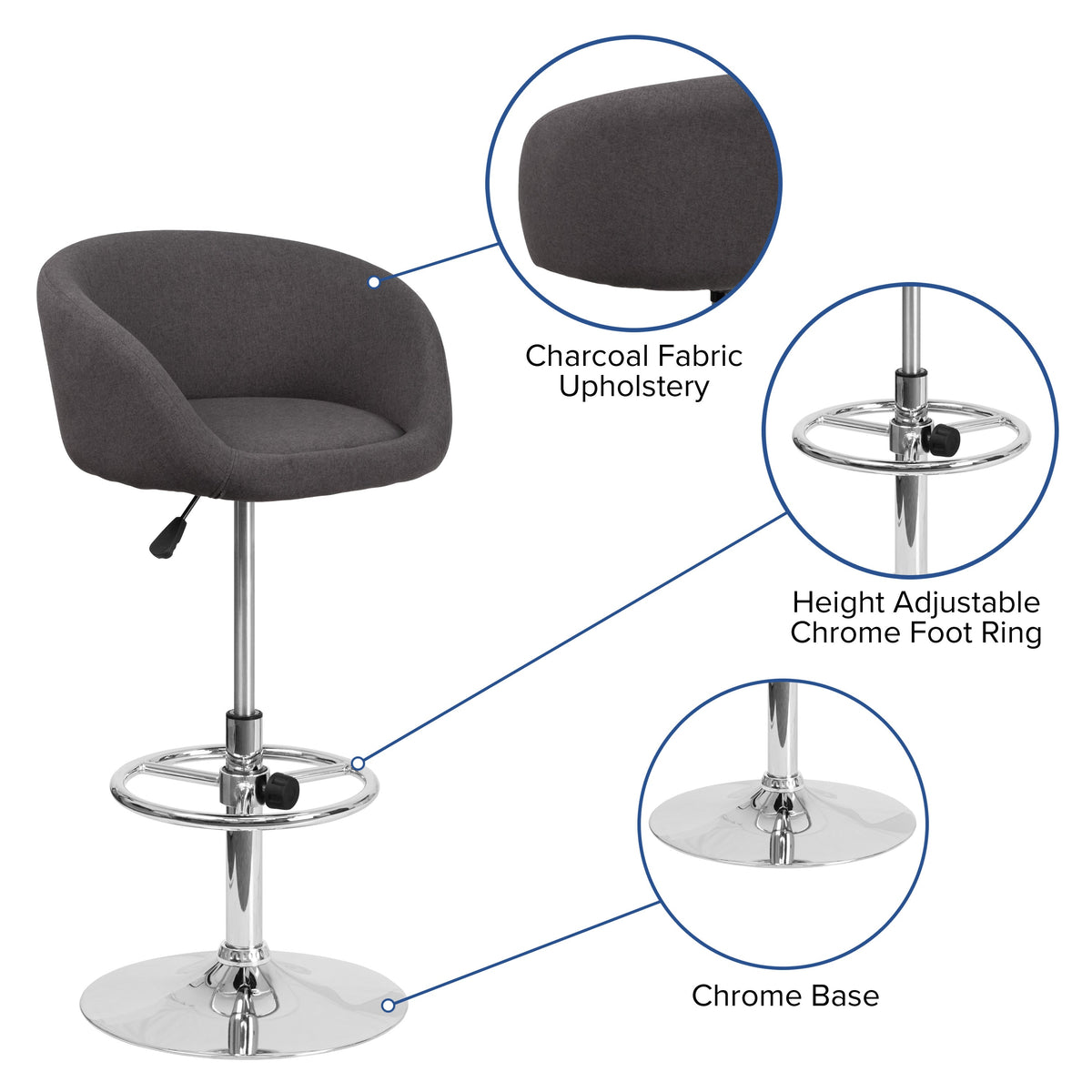Charcoal Fabric |#| Charcoal Fabric Adjustable Height Barstool with Barrel Back and Chrome Base