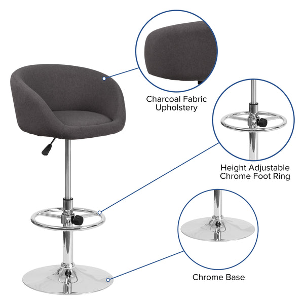 Charcoal Fabric |#| Charcoal Fabric Adjustable Height Barstool with Barrel Back and Chrome Base