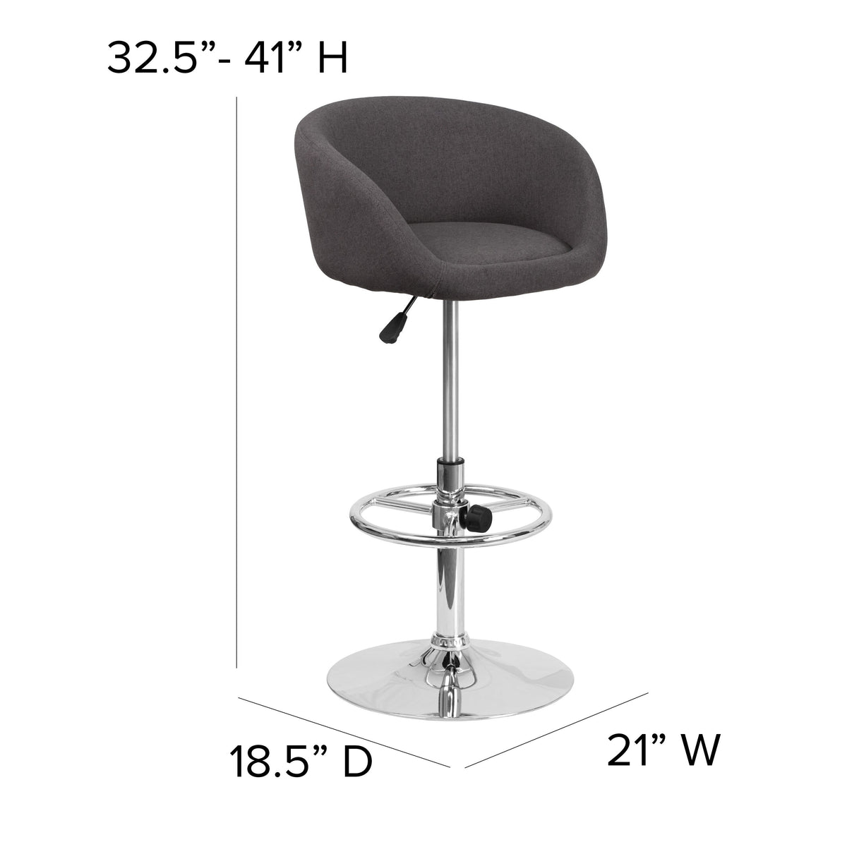 Charcoal Fabric |#| Charcoal Fabric Adjustable Height Barstool with Barrel Back and Chrome Base