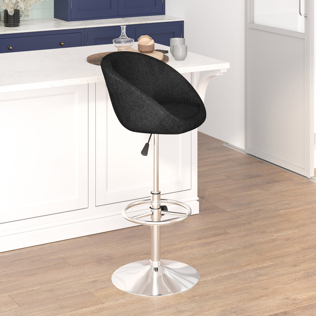 Charcoal Fabric |#| Charcoal Fabric Adjustable Height Barstool with Barrel Back and Chrome Base