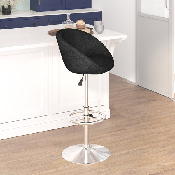 Charcoal Fabric |#| Charcoal Fabric Adjustable Height Barstool with Barrel Back and Chrome Base