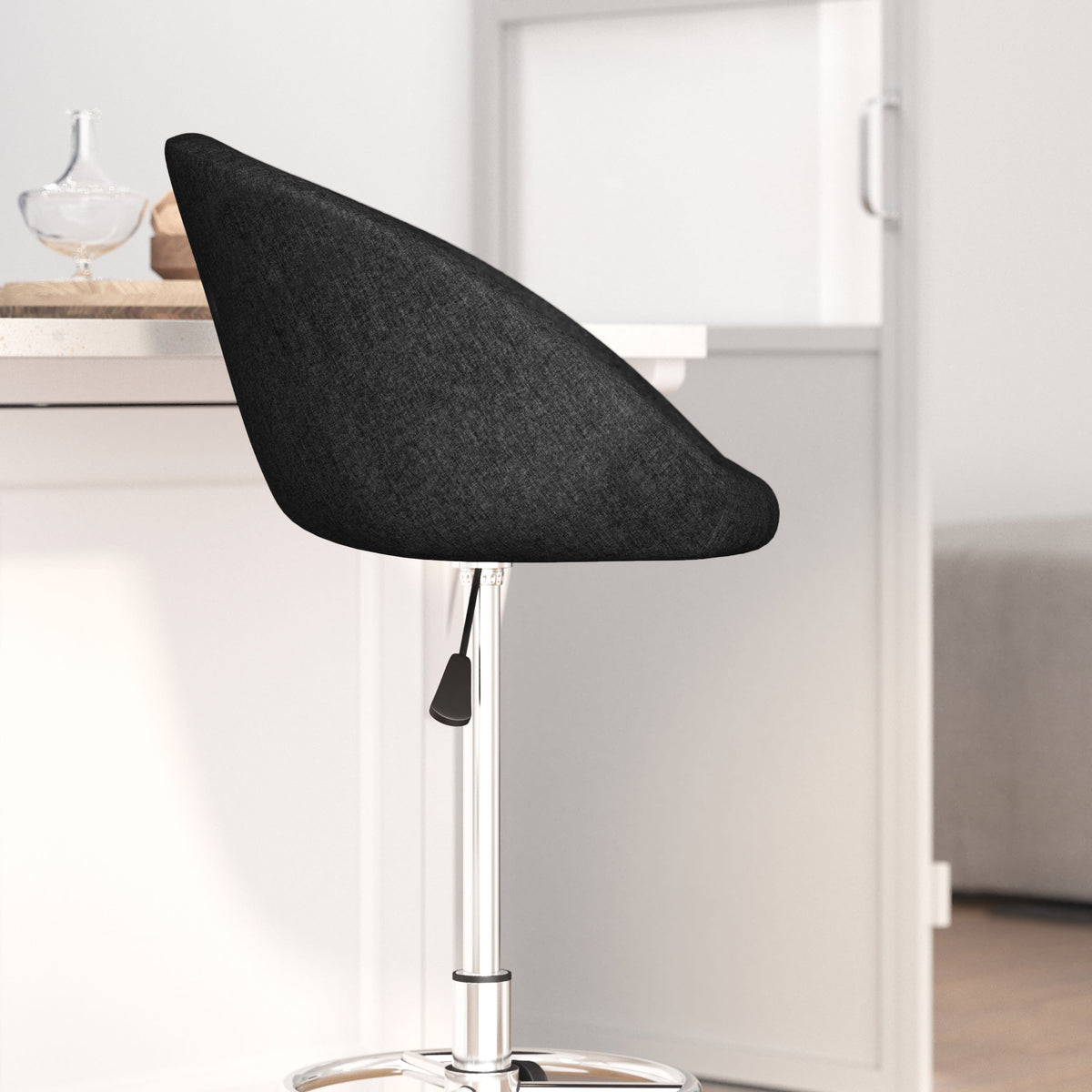 Charcoal Fabric |#| Charcoal Fabric Adjustable Height Barstool with Barrel Back and Chrome Base