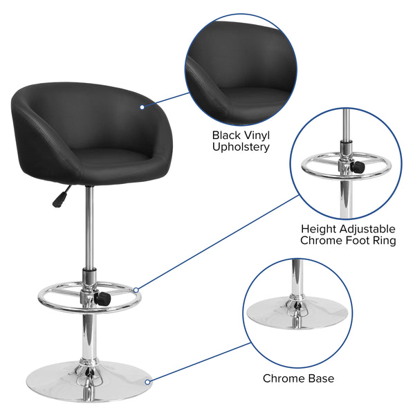 Black Vinyl |#| Black Vinyl Adjustable Height Barstool with Barrel Back and Chrome Base