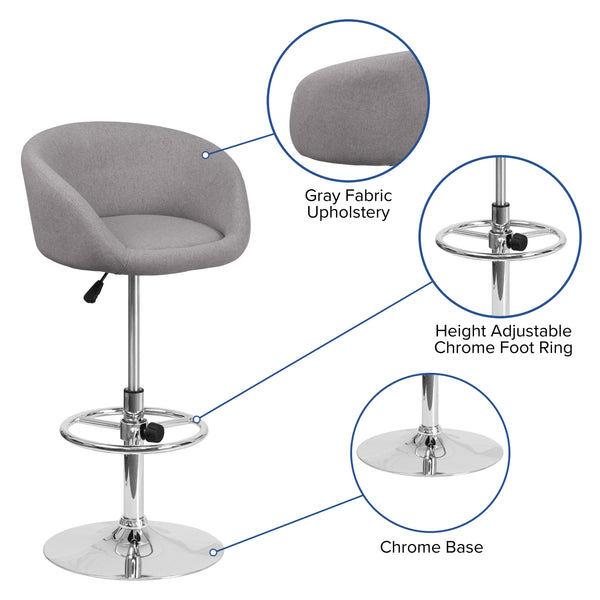 Gray Fabric |#| Gray Fabric Adjustable Height Barstool with Barrel Back and Chrome Base