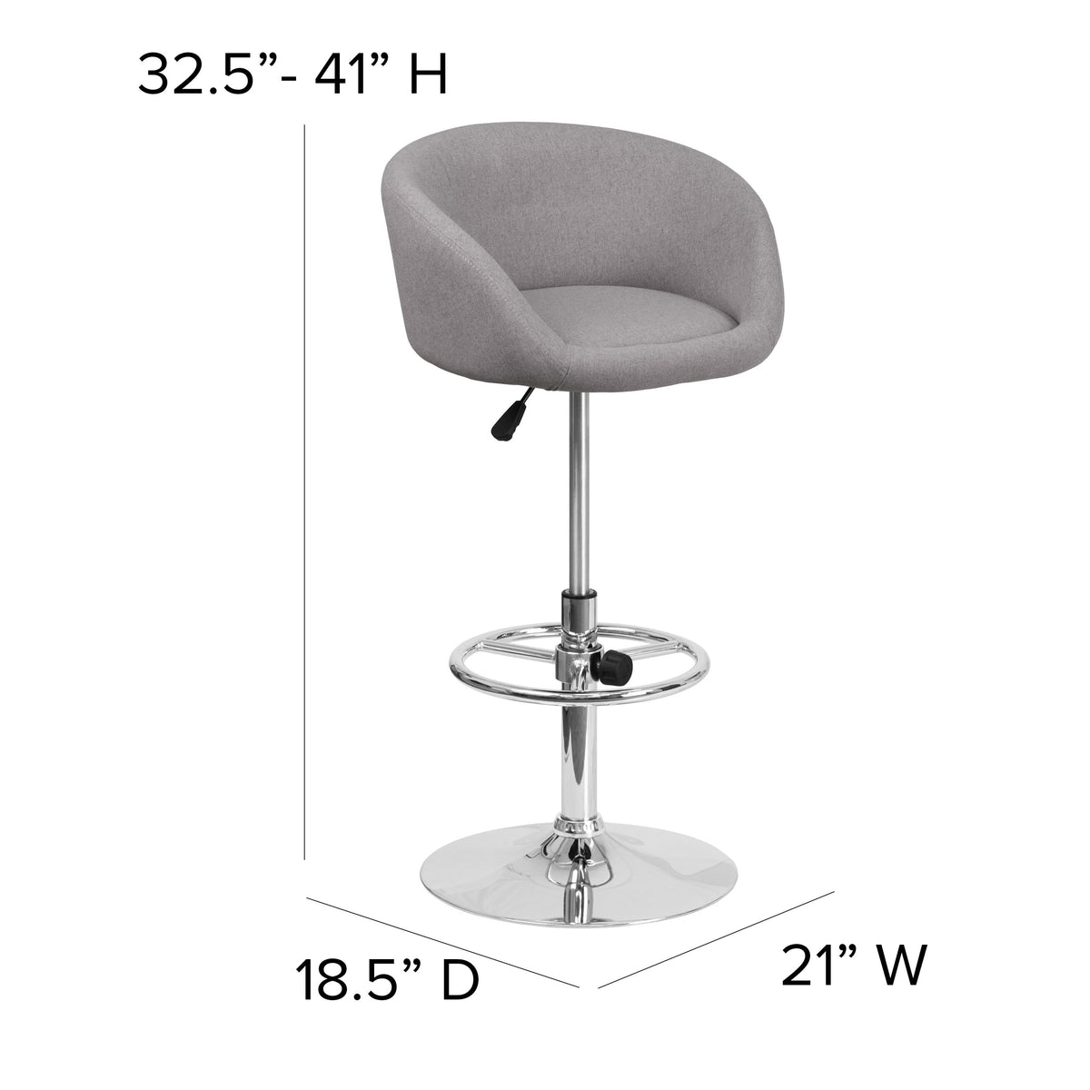 Gray Fabric |#| Gray Fabric Adjustable Height Barstool with Barrel Back and Chrome Base