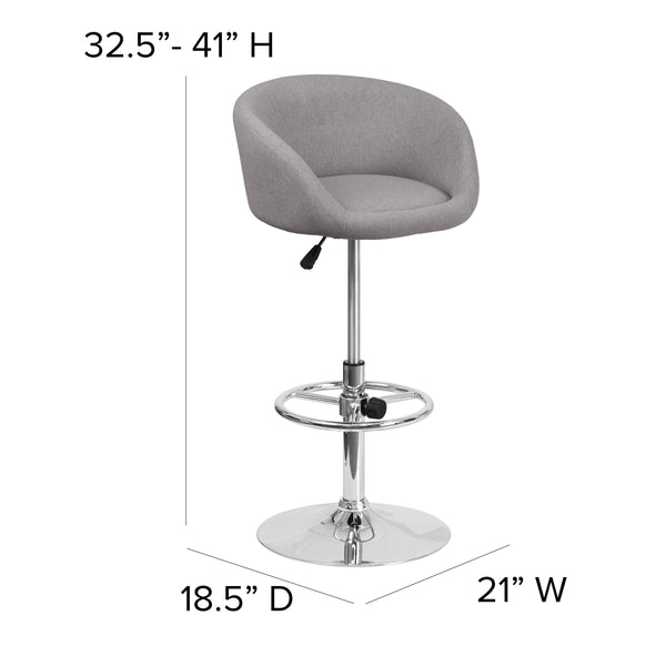 Gray Fabric |#| Gray Fabric Adjustable Height Barstool with Barrel Back and Chrome Base