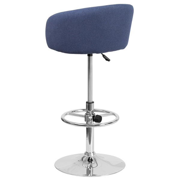 Blue Fabric |#| Blue Fabric Adjustable Height Barstool with Barrel Back and Chrome Base