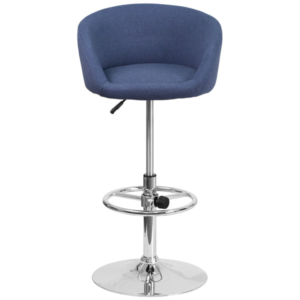 Blue Fabric |#| Blue Fabric Adjustable Height Barstool with Barrel Back and Chrome Base