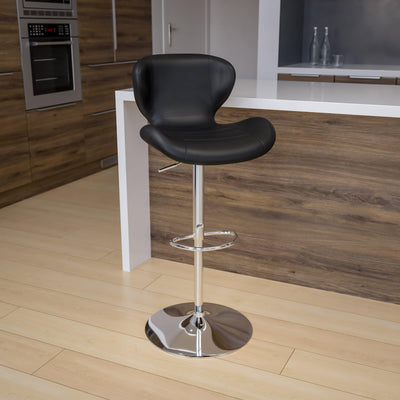 Contemporary Adjustable Height Barstool with Curved Back and Chrome Base