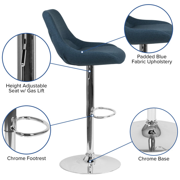 Blue Fabric |#| Blue Fabric Adjustable Height Gas Lift Swivel Bar Stool - Kitchen Dining Stool