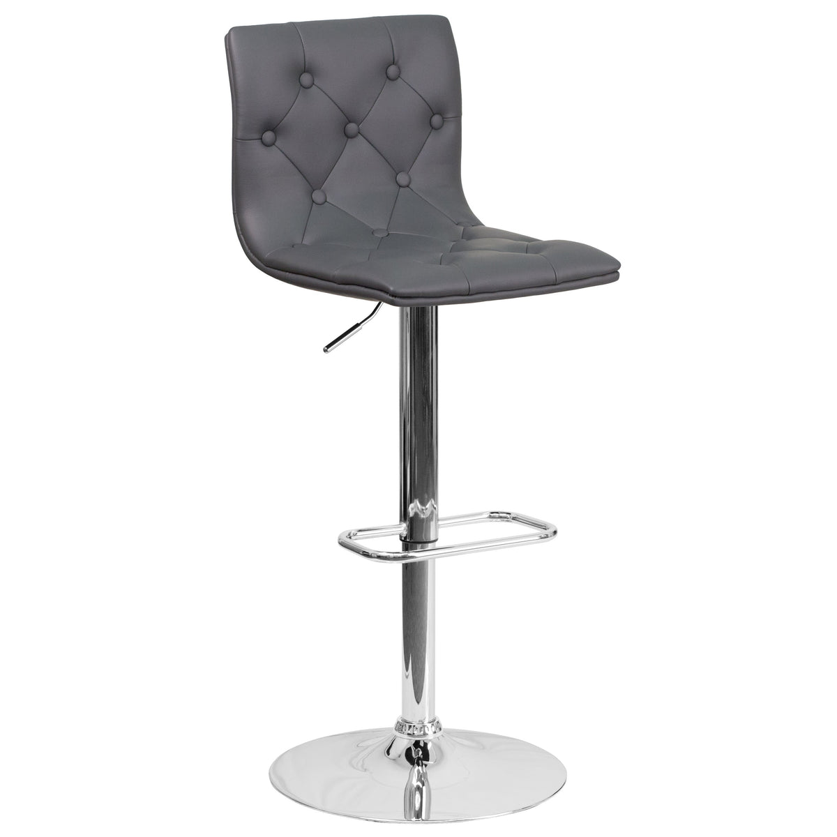 Gray |#| Contemporary Button Tufted Gray Vinyl Adjustable Barstool with Chrome Base