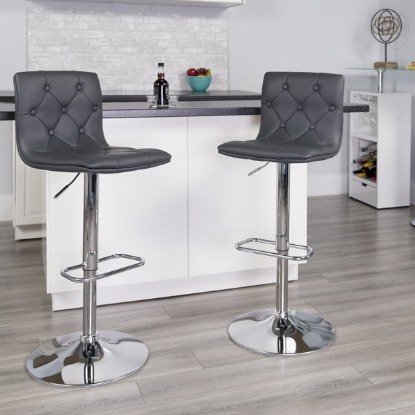 Gray |#| Contemporary Button Tufted Gray Vinyl Adjustable Barstool with Chrome Base