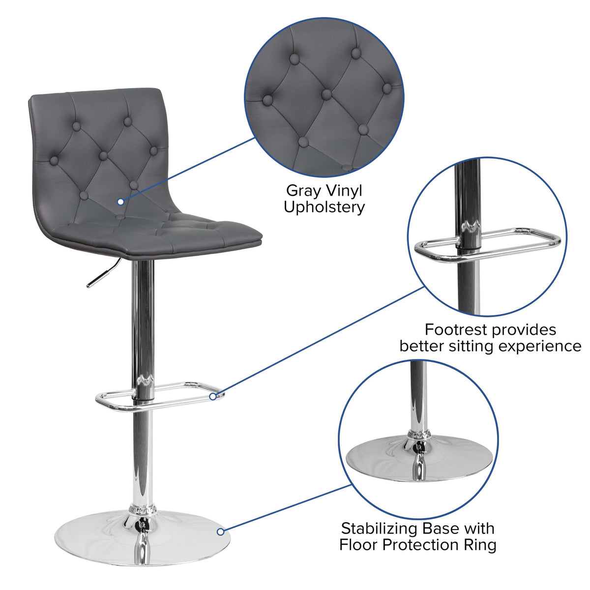 Gray |#| Contemporary Button Tufted Gray Vinyl Adjustable Barstool with Chrome Base