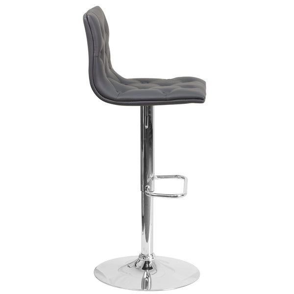 Gray |#| Contemporary Button Tufted Gray Vinyl Adjustable Barstool with Chrome Base