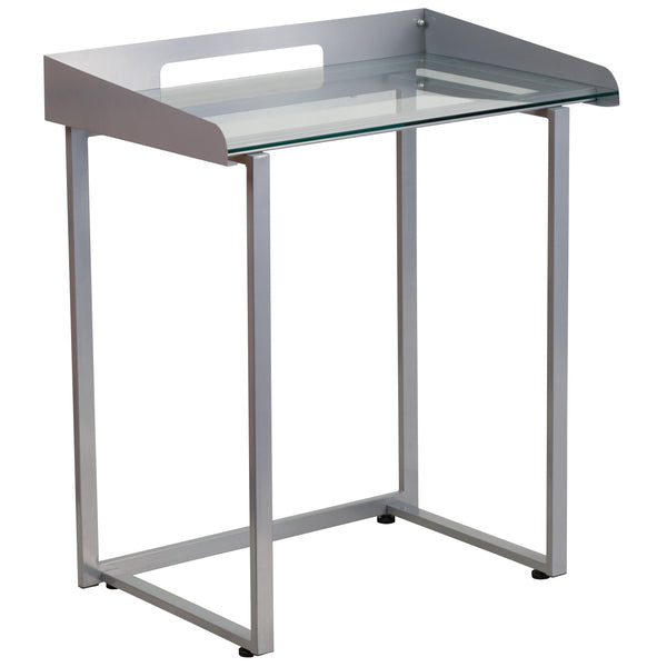 Clear Tempered Glass Desk w/ Raised Cable Management Border & Silver Metal Frame