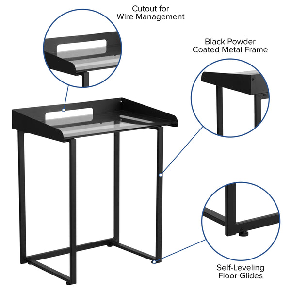 Clear Tempered Glass Desk w/ Raised Cable Management Border & Black Metal Frame