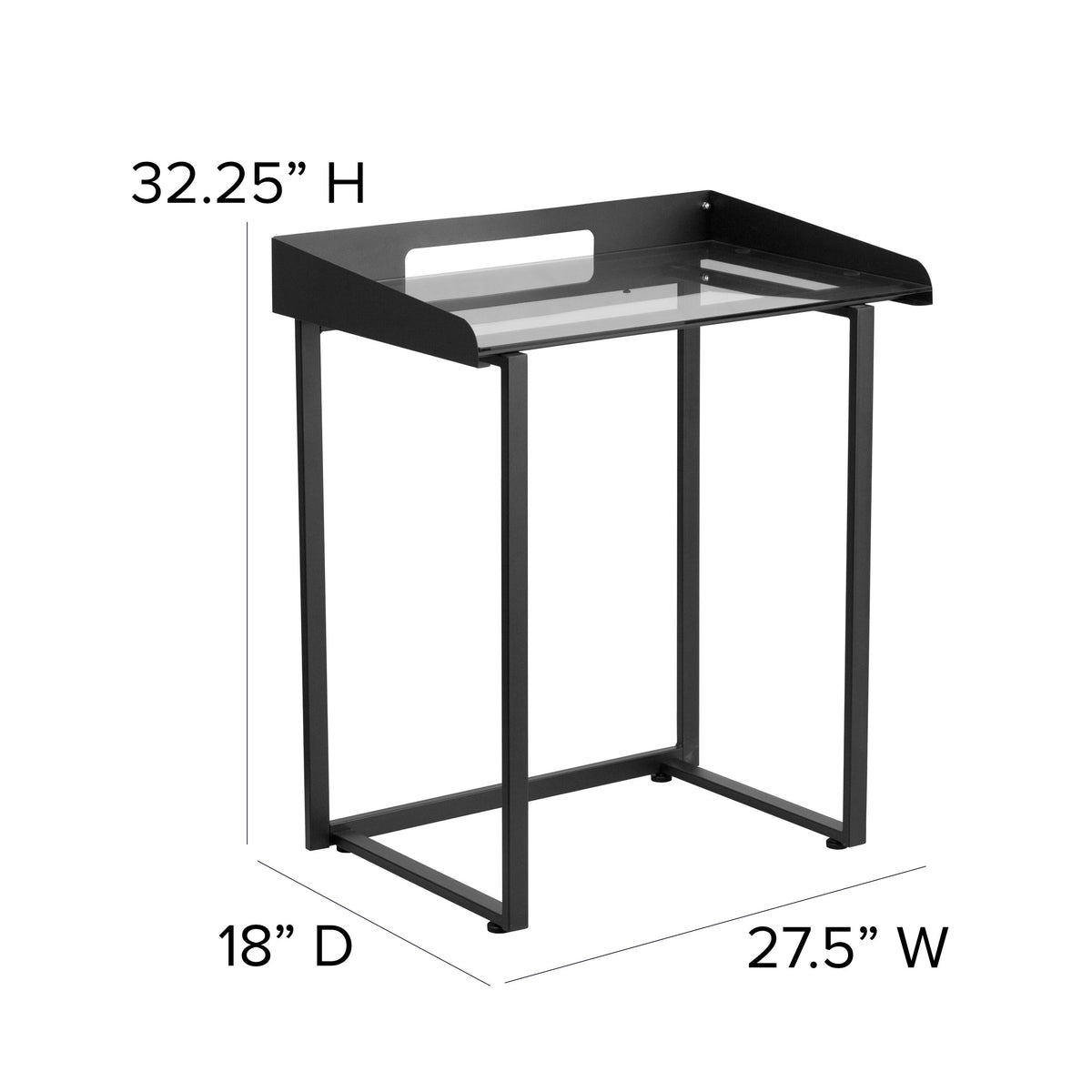 Clear Tempered Glass Desk w/ Raised Cable Management Border & Black Metal Frame