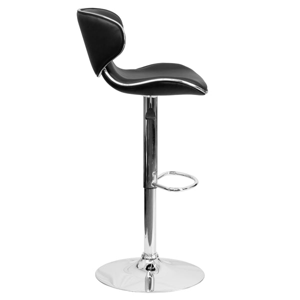 Black |#| Contemporary Cozy Mid-Back Black Vinyl Adjustable Height Barstool w/ Chrome Base