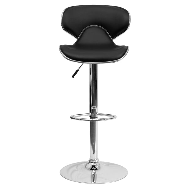 Black |#| Contemporary Cozy Mid-Back Black Vinyl Adjustable Height Barstool w/ Chrome Base