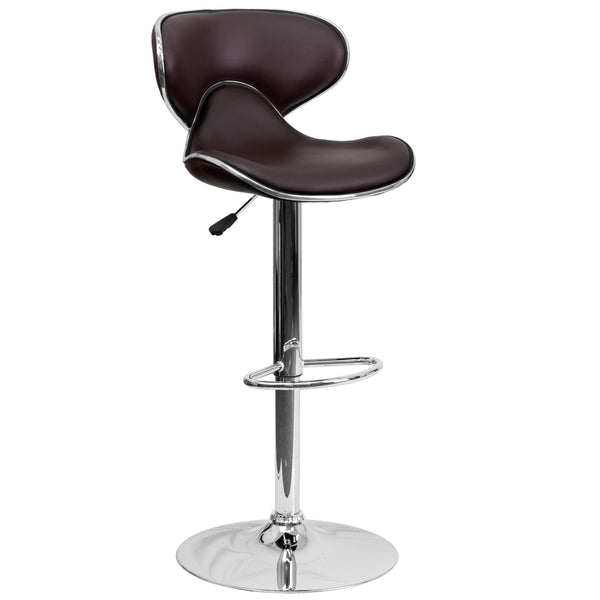 Brown |#| Contemporary Cozy Mid-Back Brown Vinyl Adjustable Height Barstool w/ Chrome Base