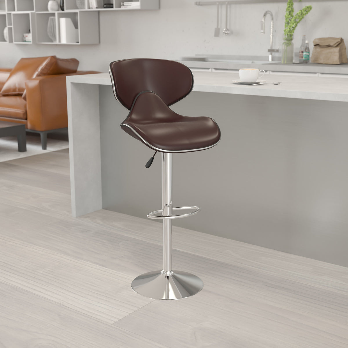 Brown |#| Contemporary Cozy Mid-Back Brown Vinyl Adjustable Height Barstool w/ Chrome Base