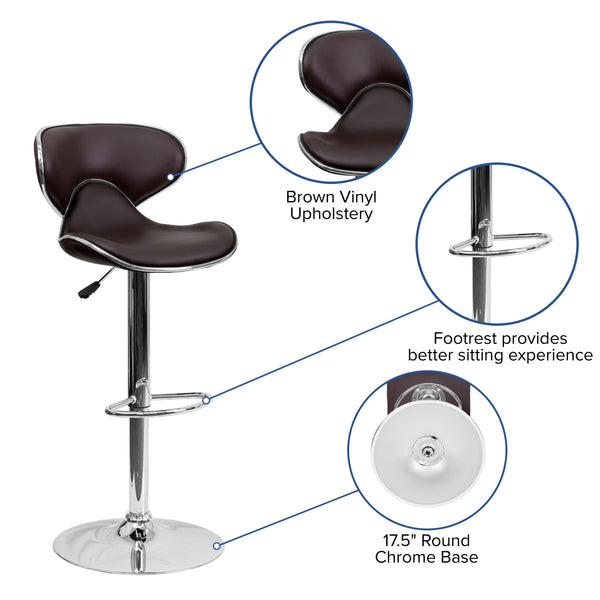 Brown |#| Contemporary Cozy Mid-Back Brown Vinyl Adjustable Height Barstool w/ Chrome Base